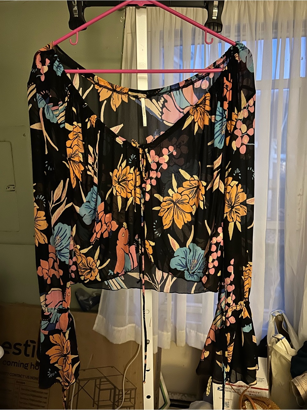 Free People  Black Floral Off-Shoulder Tie-Front Blouse